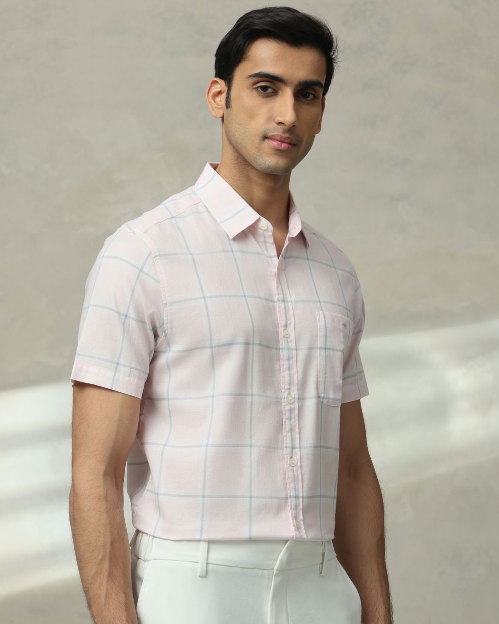 Peach Square Check Slim Fit Casual Shirt