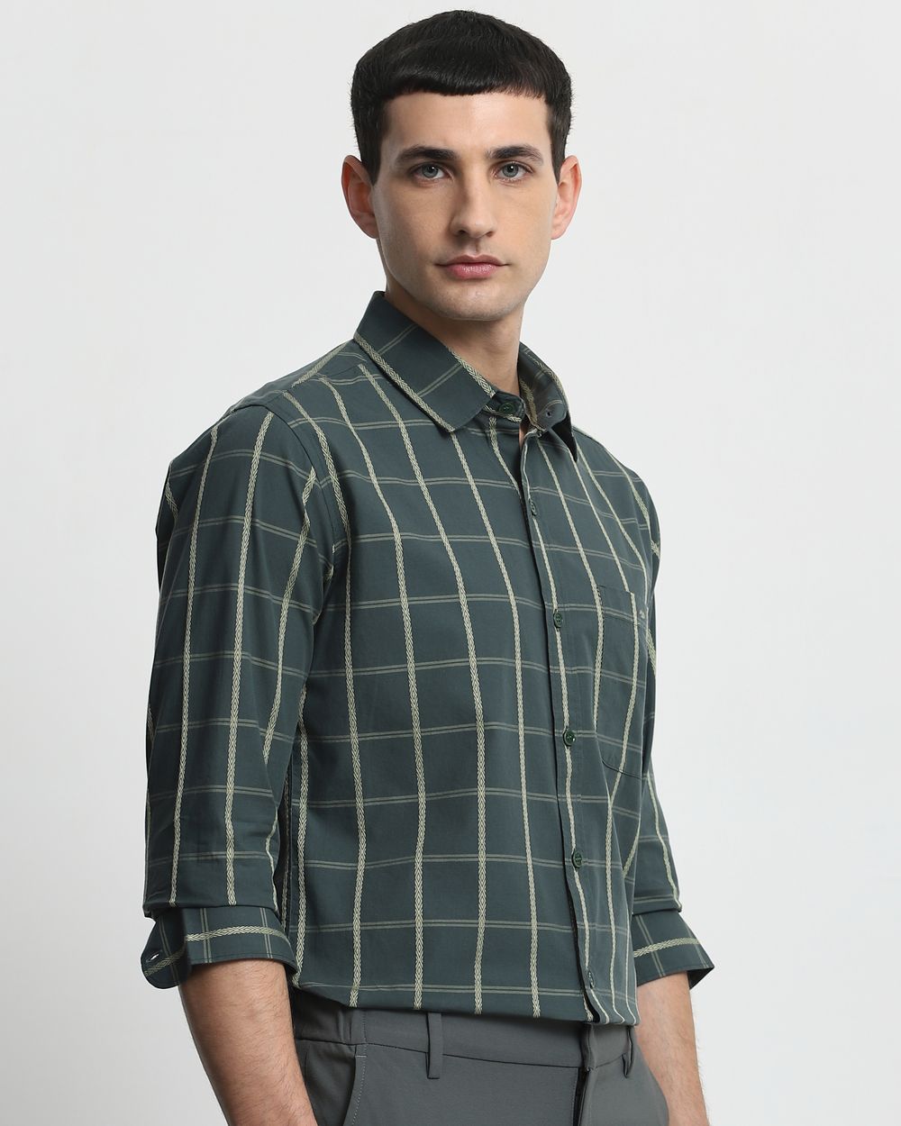 Dark Green Square Check Slim Fit Casual Shirt