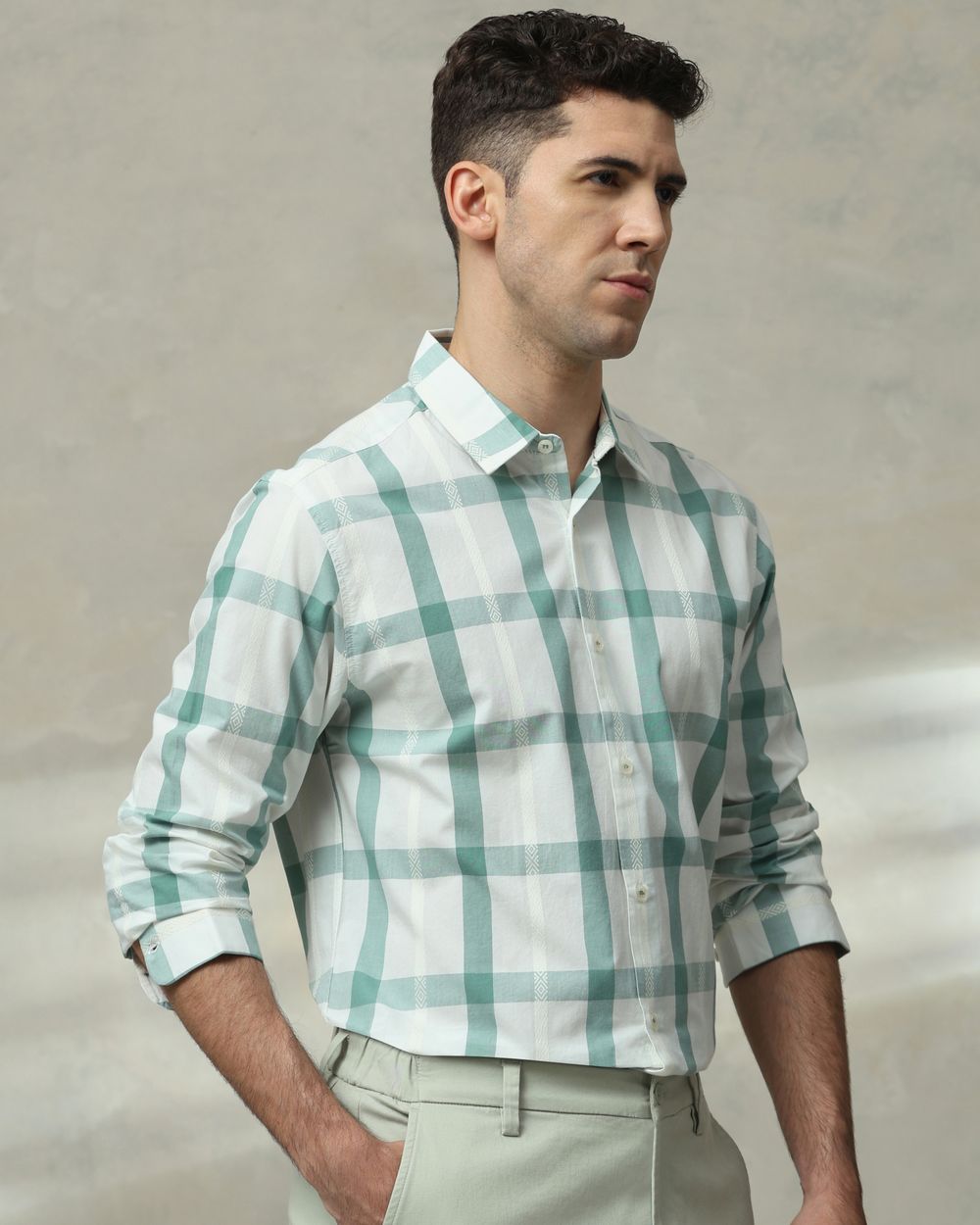 Green Large Check Slim Fit Casual Shirt