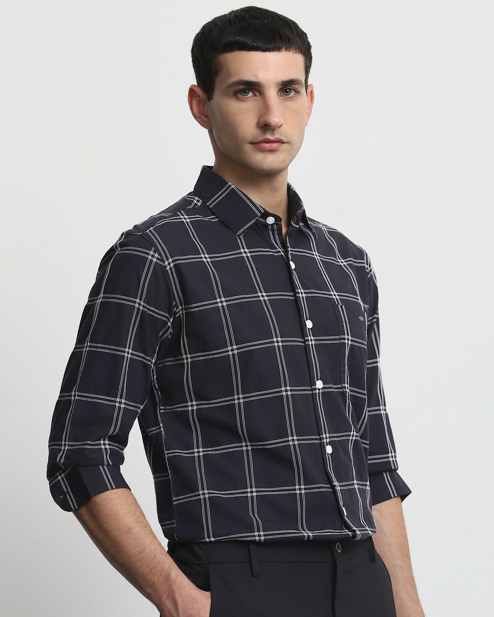 Black Textured Check Slim Fit Casual Shirt