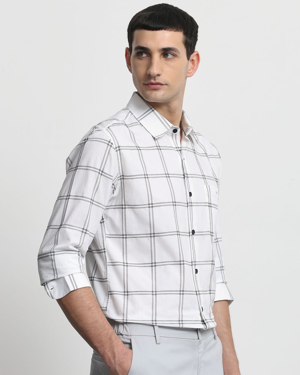 White Textured Check Slim Fit Casual Shirt