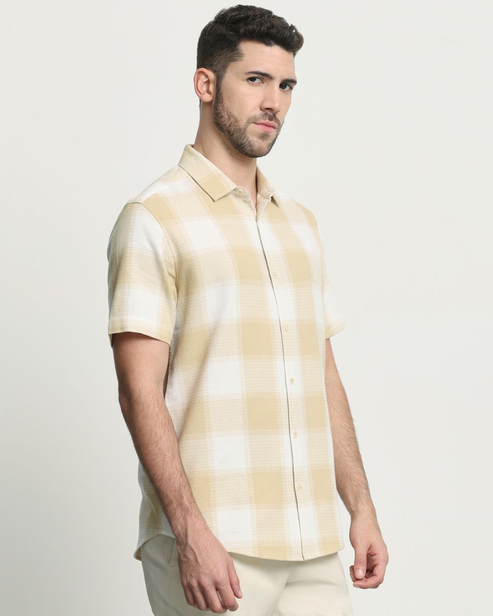 Beige Large Check Slim Fit Casual Shirt