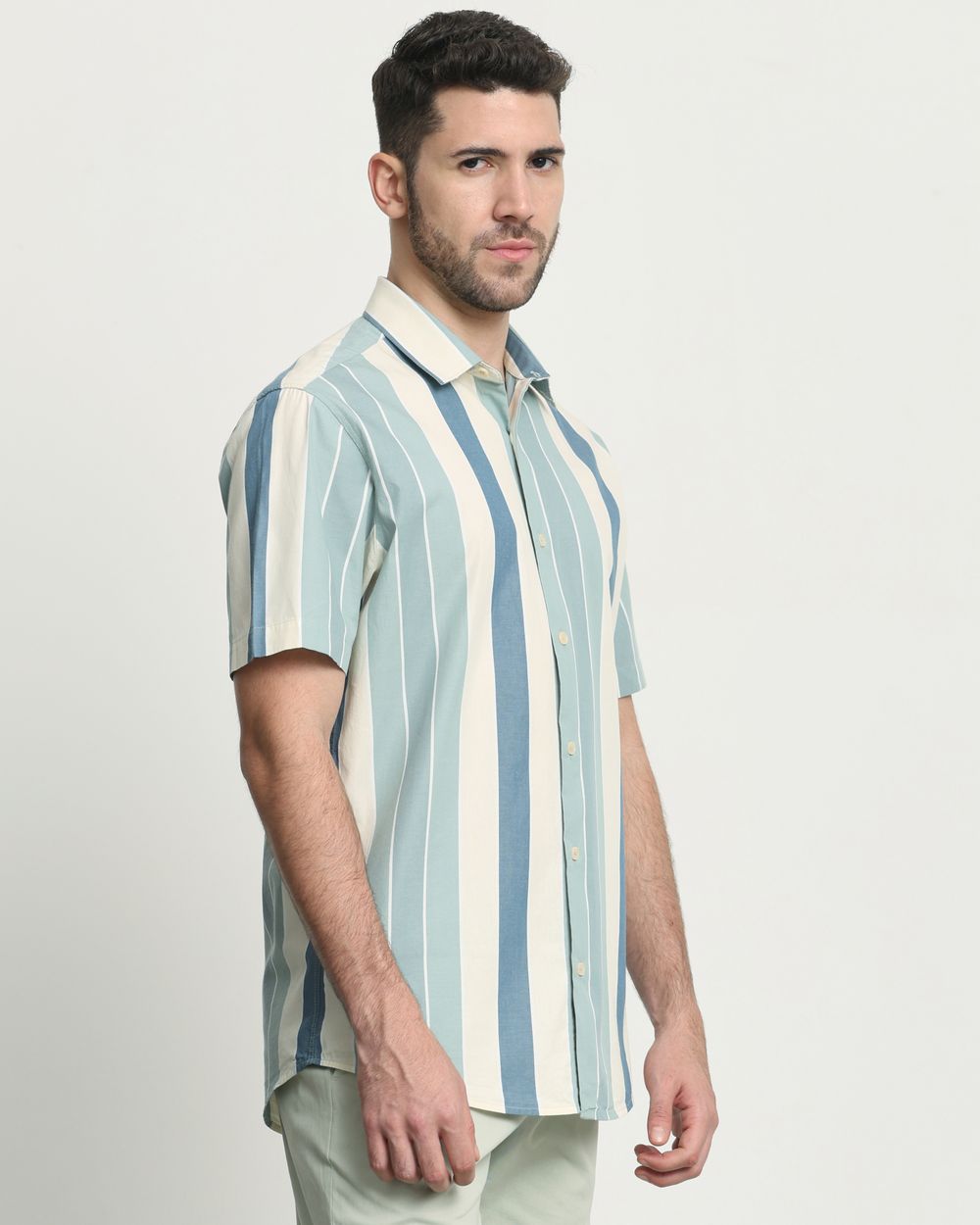 Light Olive Wide Stripe Slim Fit Casual Shirt