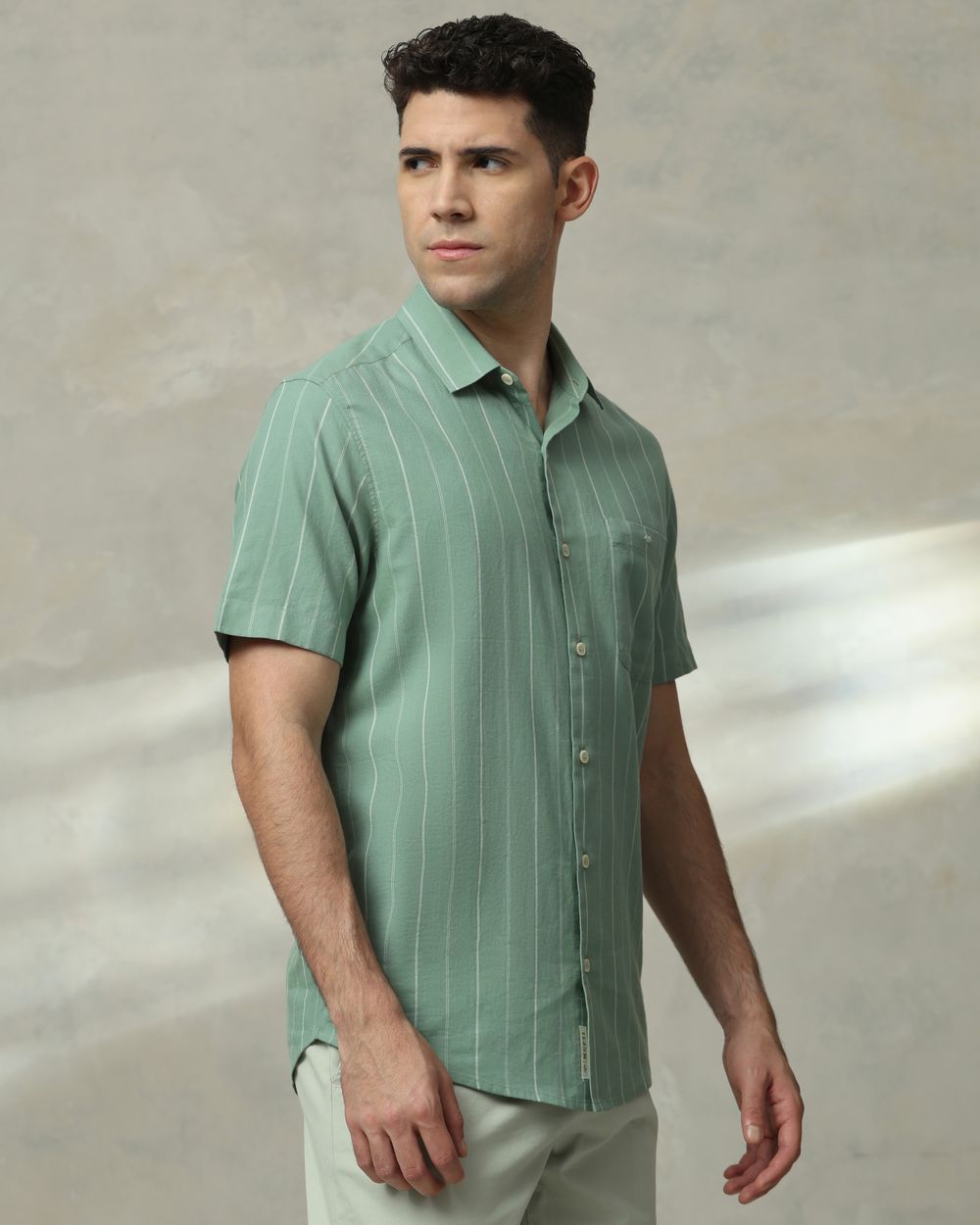 Light Olive Pin Stripe Slim Fit Casual Shirt