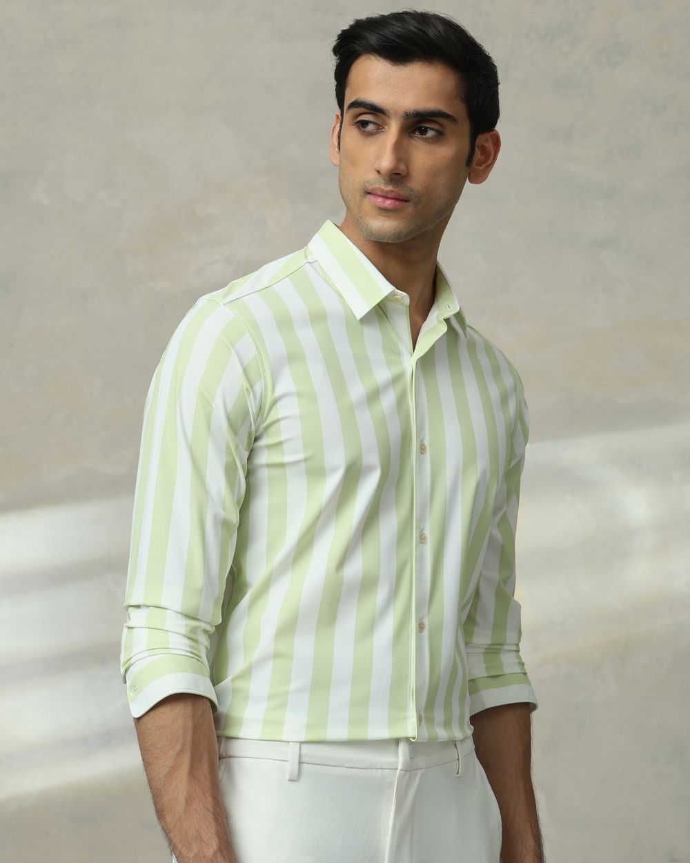 Light Green Scuba Stripe Stretch Slim Fit Casual Shirt