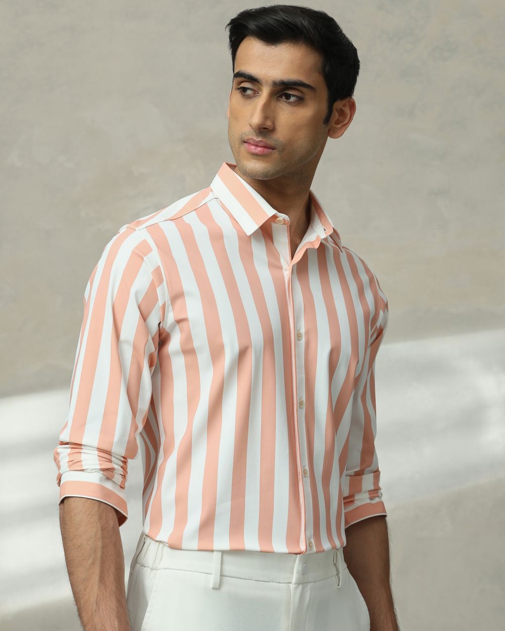 Peach Scuba Stripe Stretch Slim Fit Casual Shirt