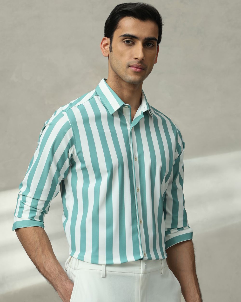 Teal Scuba Stripe Stretch Slim Fit Casual Shirt