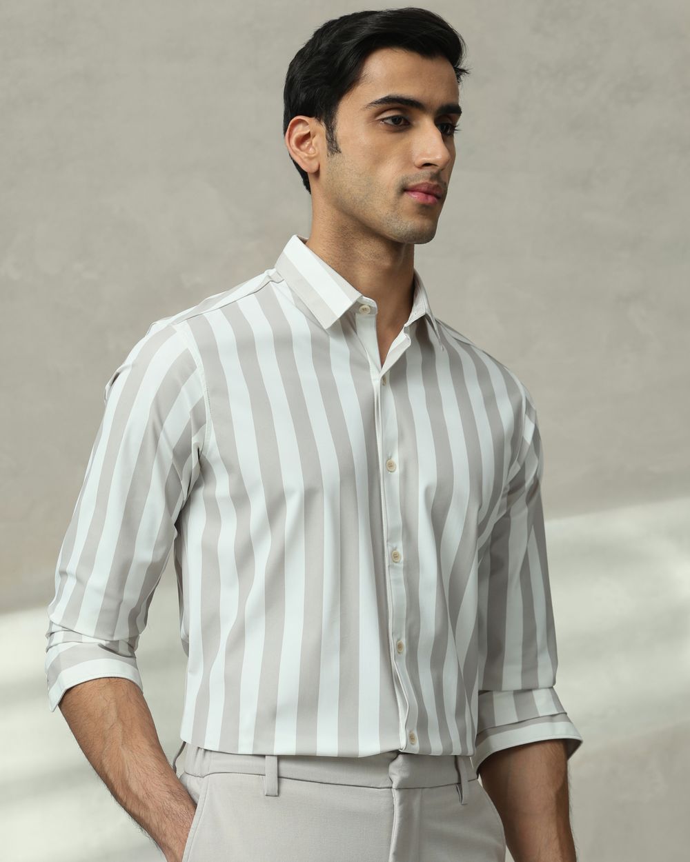 Light Grey Scuba Stripe Stretch Slim Fit Casual Shirt