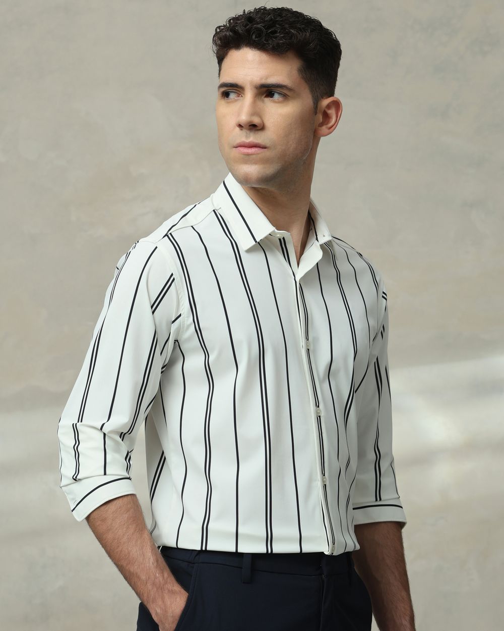 White Scuba Stripe Stretch Slim Fit Casual Shirt