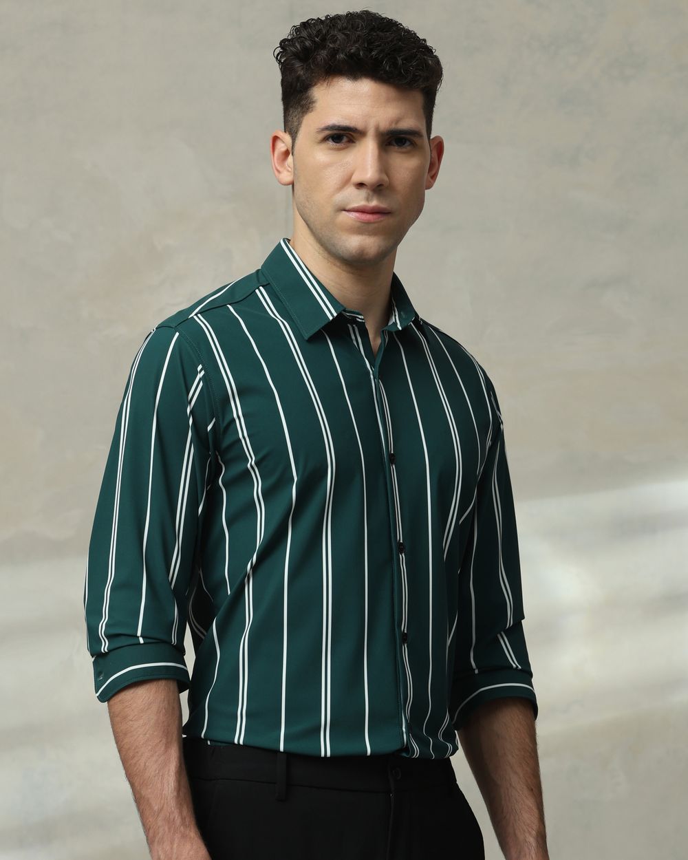 Dark Green Scuba Stripe Stretch Slim Fit Casual Shirt