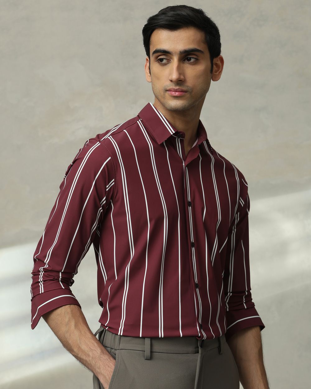 Maroon Scuba Stripe Stretch Slim Fit Casual Shirt