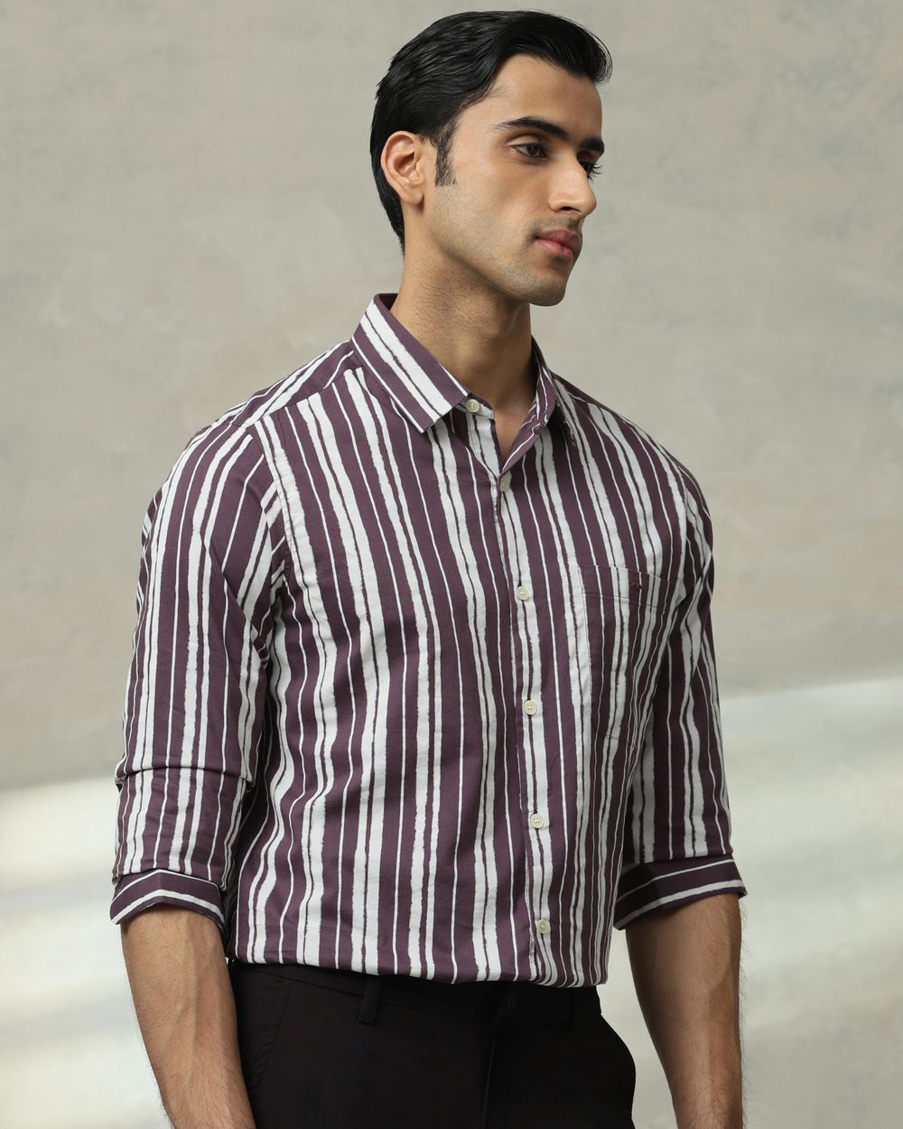 Purple Printed Stripe Slim Fit Casual Shirt