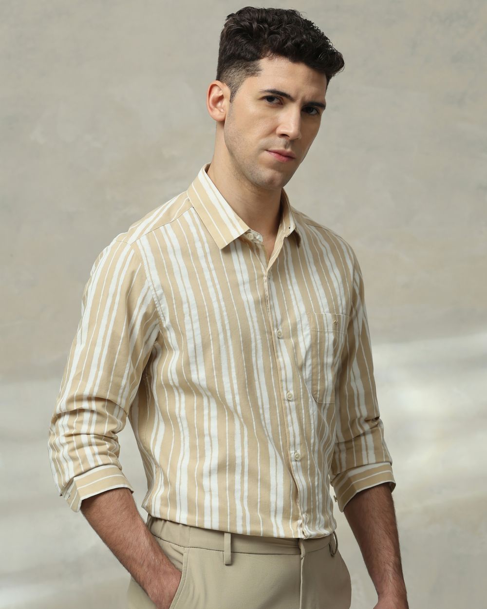 Beige Printed Stripe Slim Fit Casual Shirt