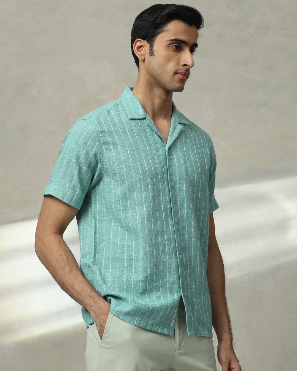 Light Green Pin Stripe Relaxed Fit Casual Shirt