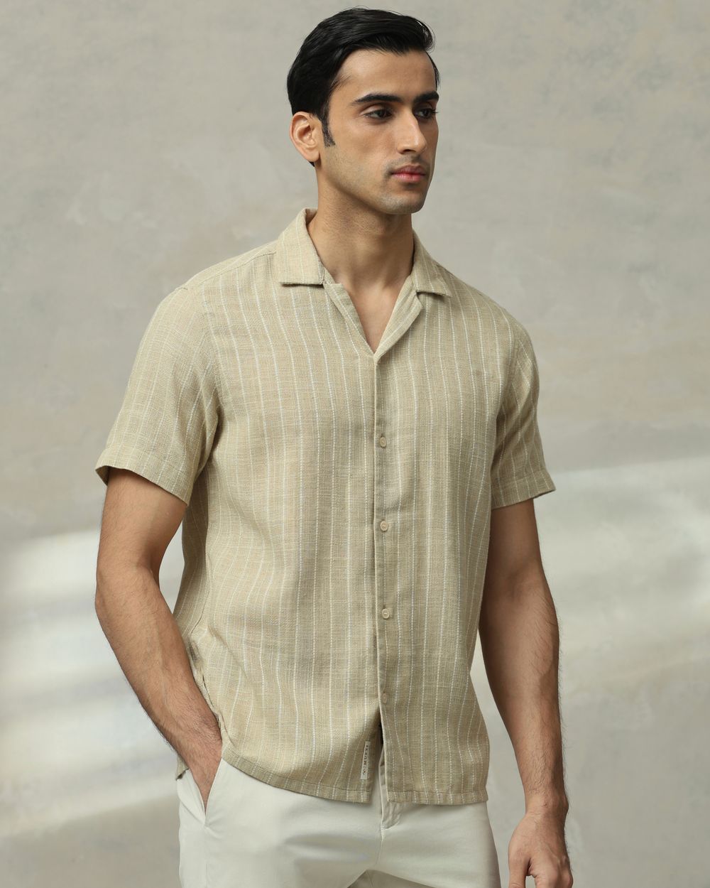 Beige Pin Stripe Relaxed Fit Casual Shirt