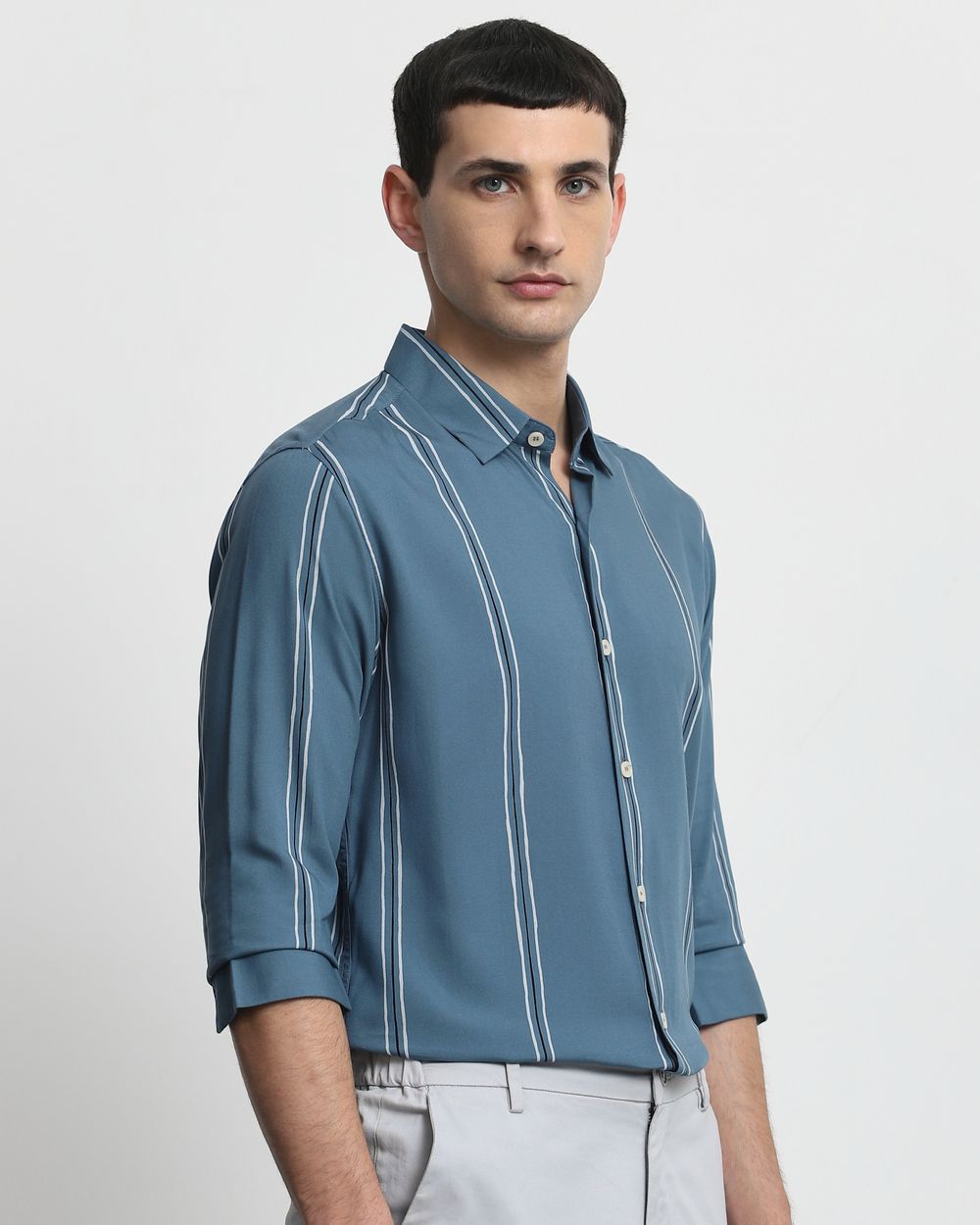 Blue Viscose Stripe Slim Fit Casual Shirt