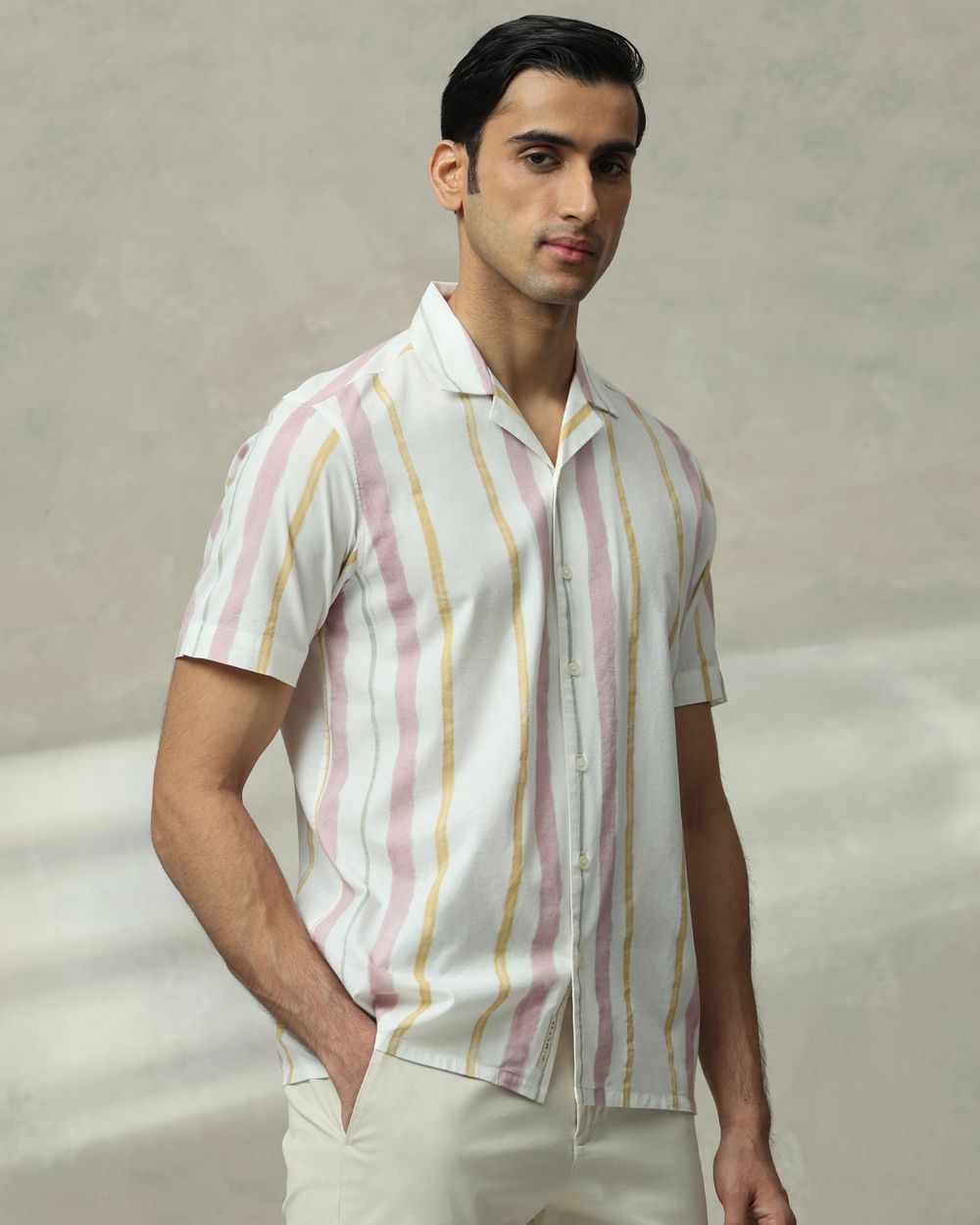 Pastel Pink Printed Stripe Slim Fit Casual Shirt