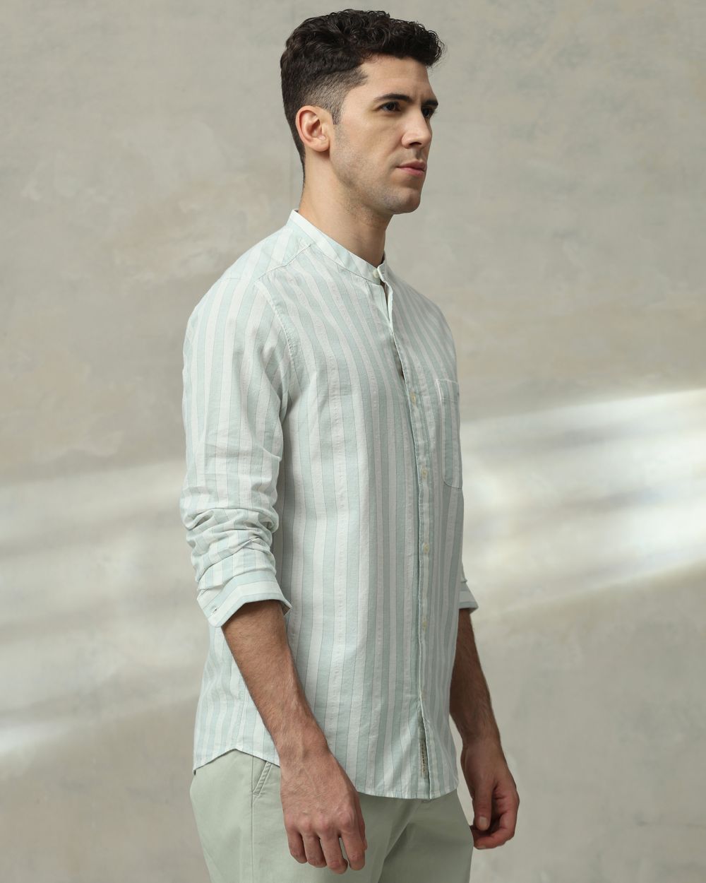 Sage Cotton Linen Stripe Slim Fit Casual Shirt