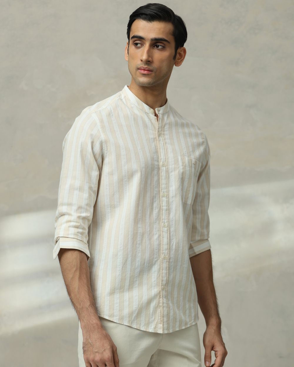Beige Cotton Linen Stripe Slim Fit Casual Shirt