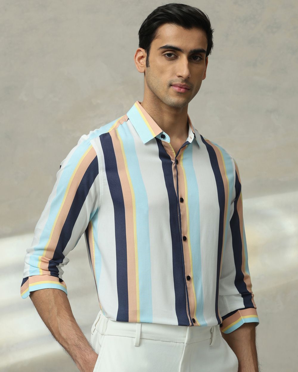 Multicolour Printed Stripe Slim Fit Casual Shirt