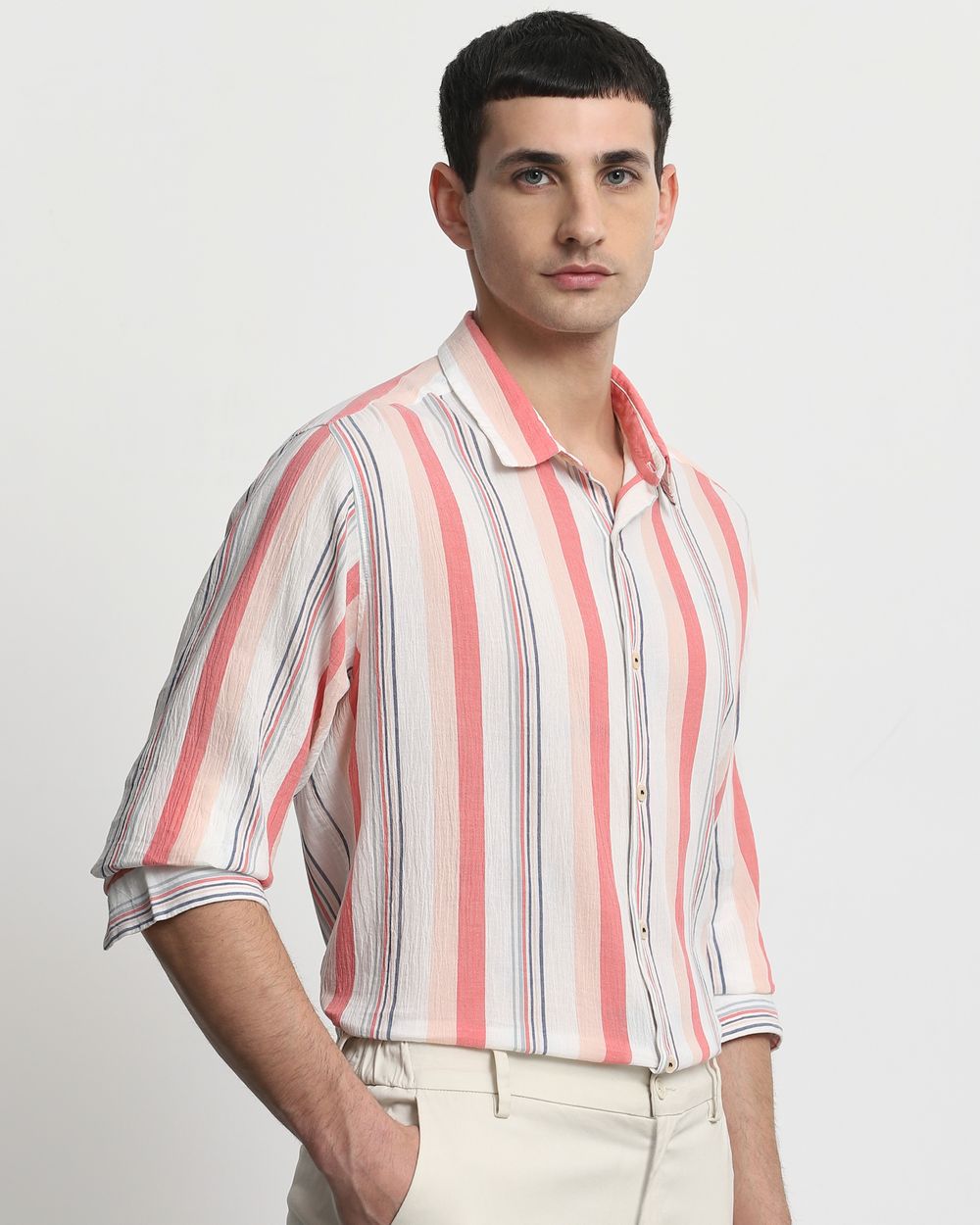 Pink Textured Stripe Slim Fit Casual Shirt
