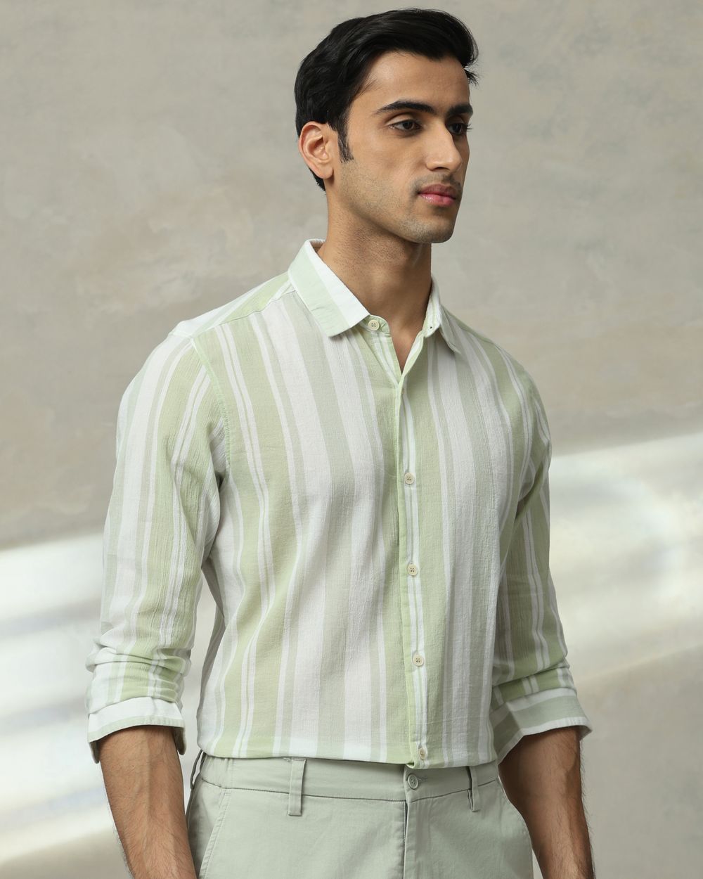 Sage Wide Stripe Slim Fit Casual Shirt