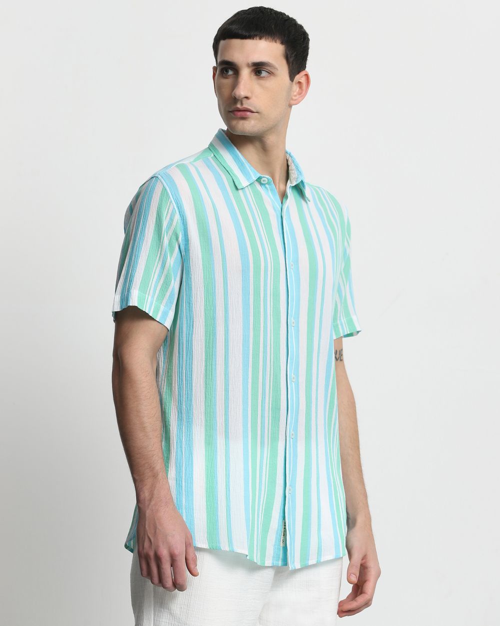 Green Textured Stripe Slim Fit Casual Shirt