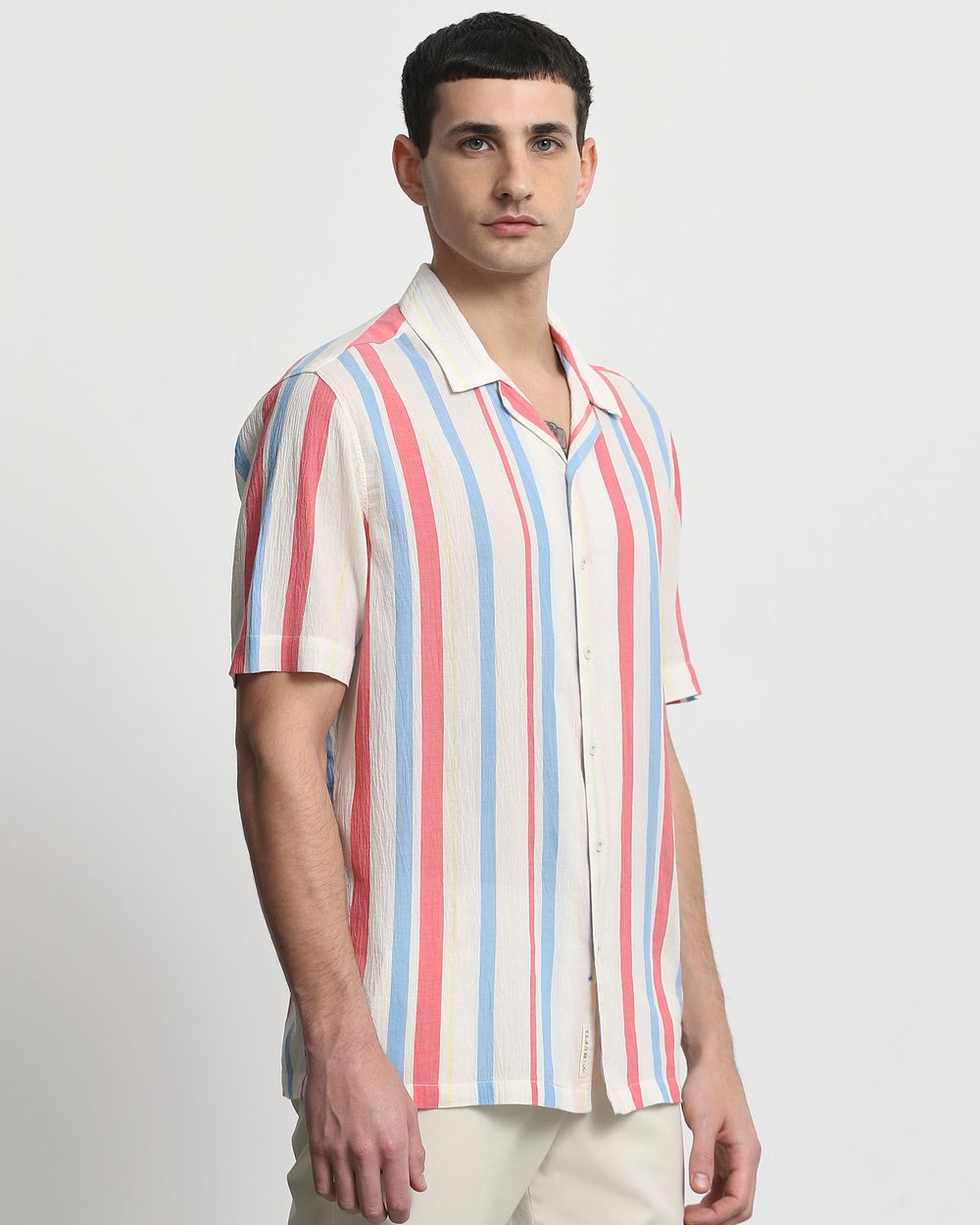 Off White Textured Stripe Relaxed Fit Casual Shirt