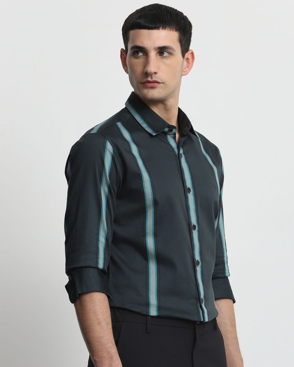 Dark Green Satin Stripe Slim Fit Casual Shirt