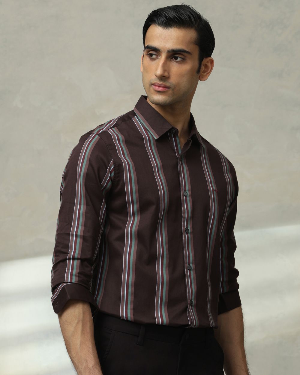 Brown Satin Stripe Slim Fit Casual Shirt