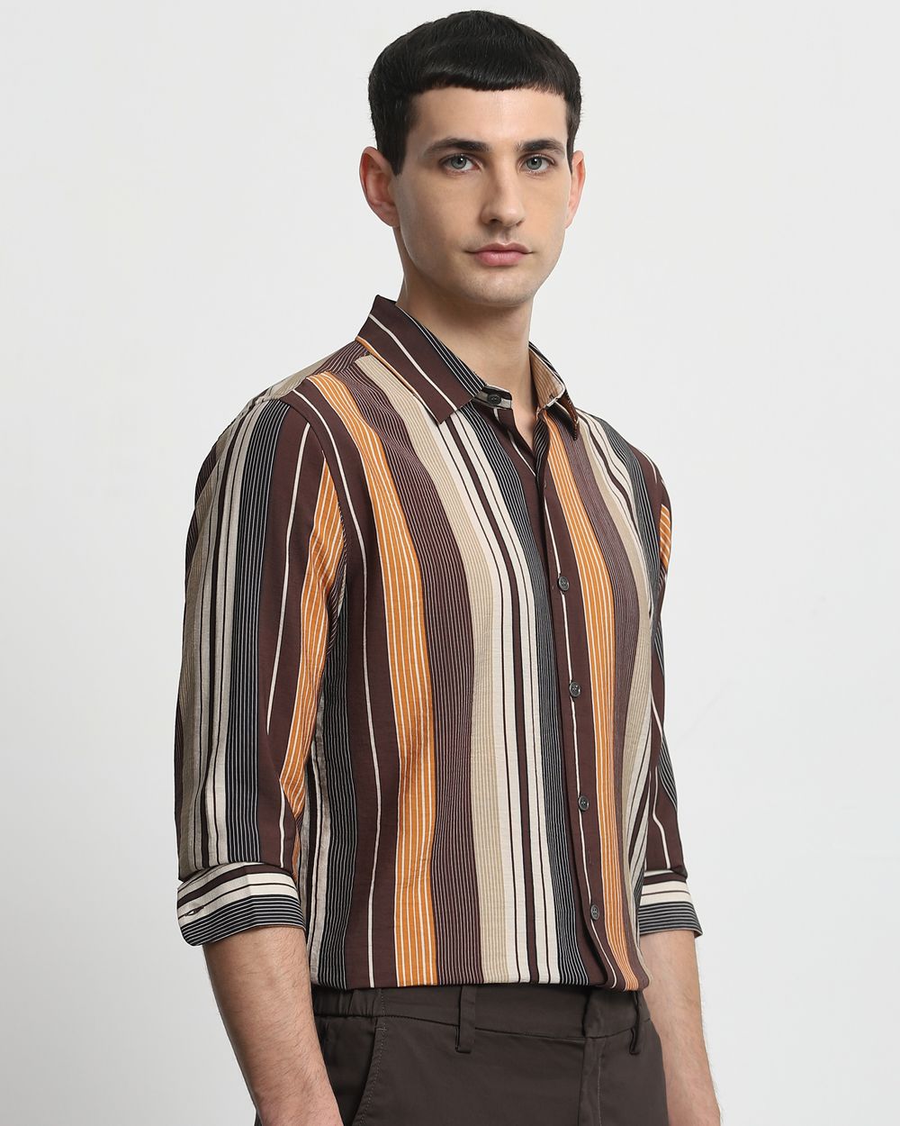 Brown Wide Stripe Slim Fit Casual Shirt