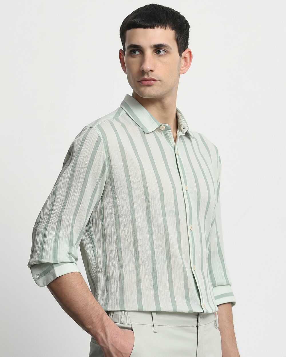 Sage Textured Stripe Slim Fit Casual Shirt