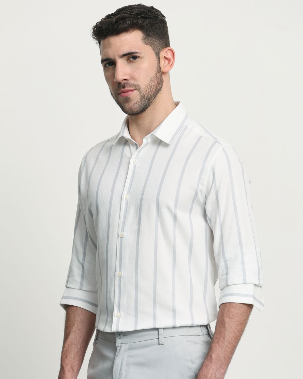 White Textured Stripe Slim Fit Casual Shirt