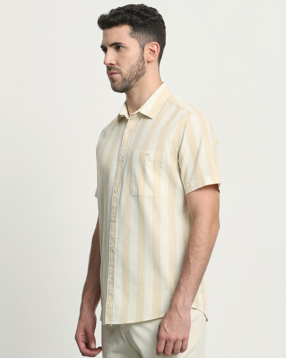 Light Khaki Tonal Stripe Slim Fit Casual Shirt