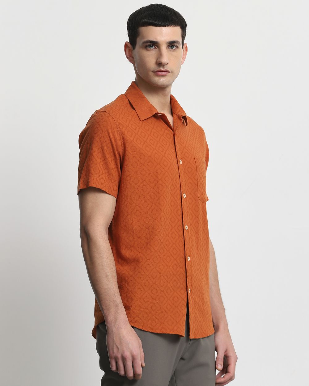 Rust Textured Plain Slim Fit Casual Shirt