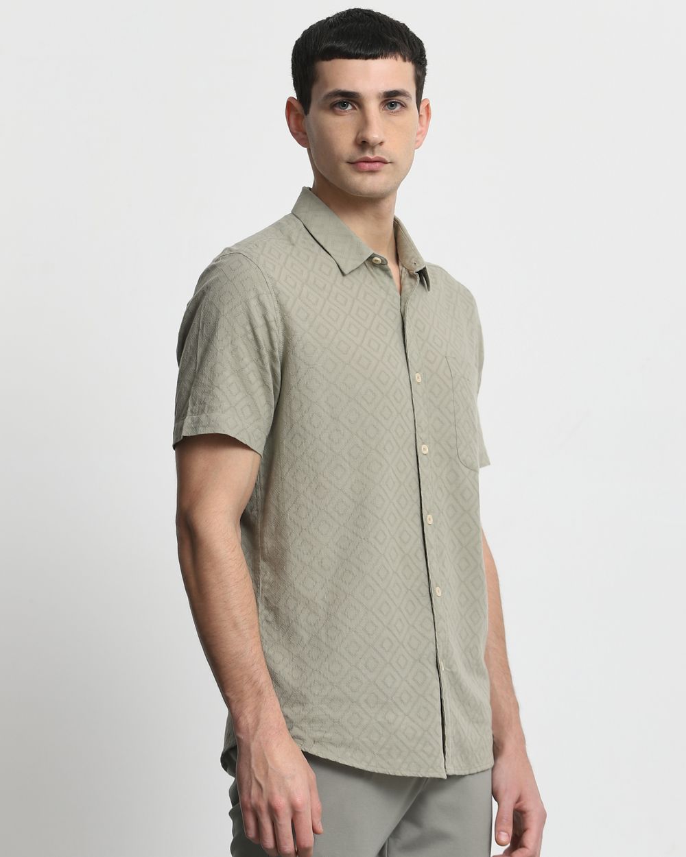 Grey Textured Plain Slim Fit Casual Shirt
