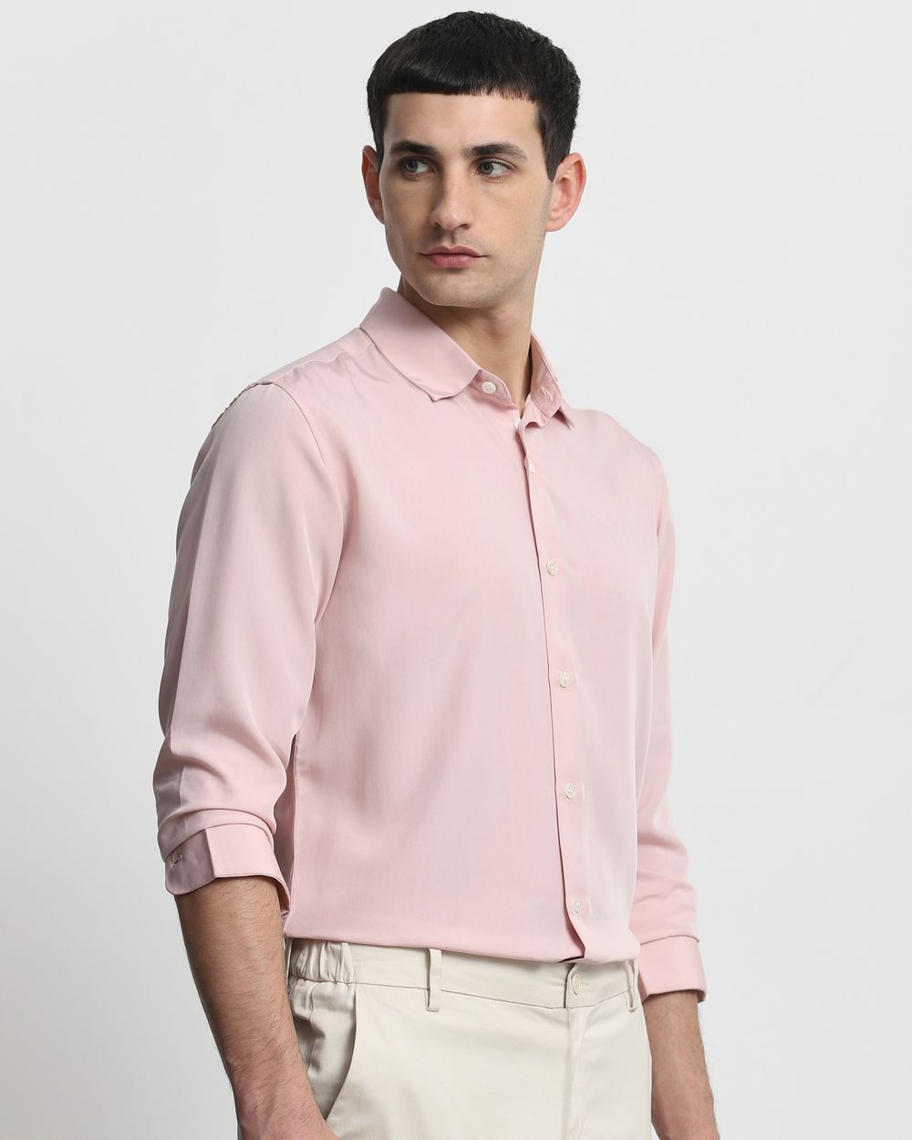 Pastel Pink Fluid Plain Slim Fit Casual Shirt
