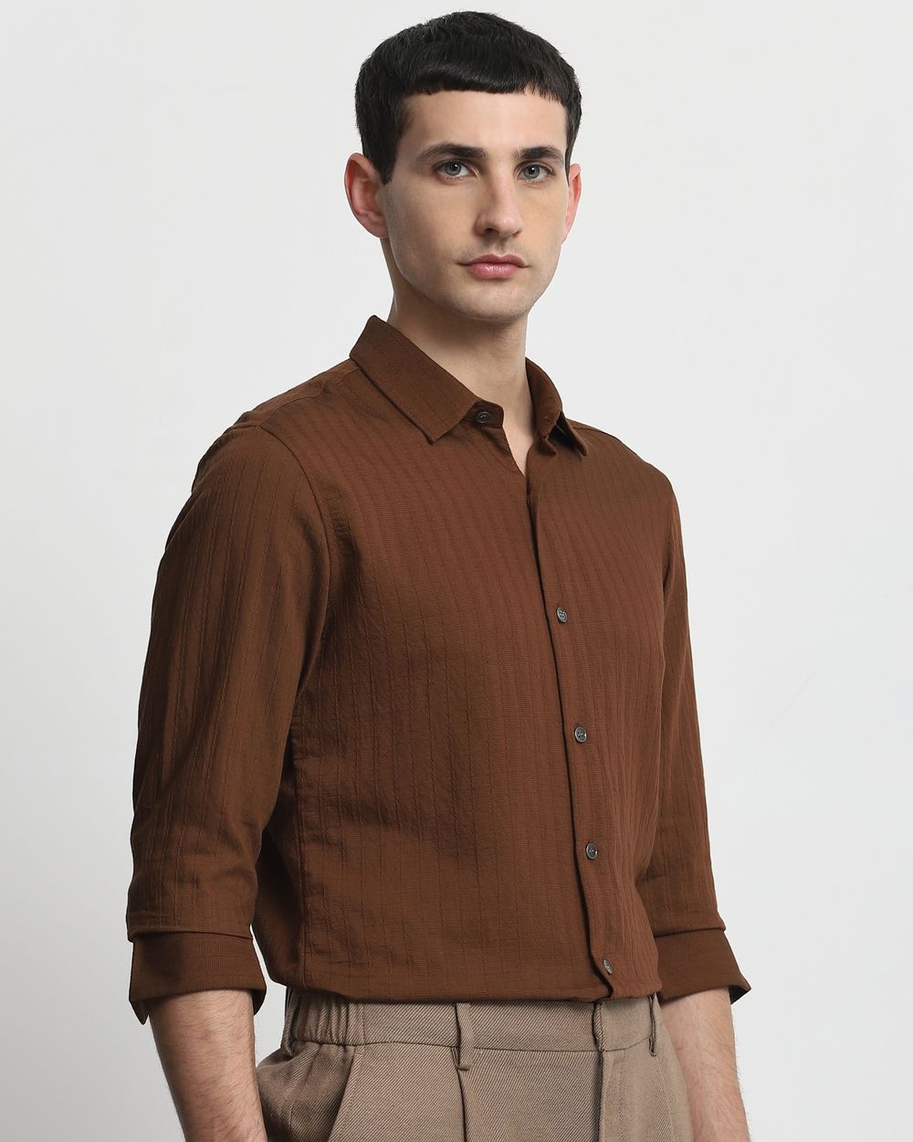 Brown Textured Plain Slim Fit Casual Shirt