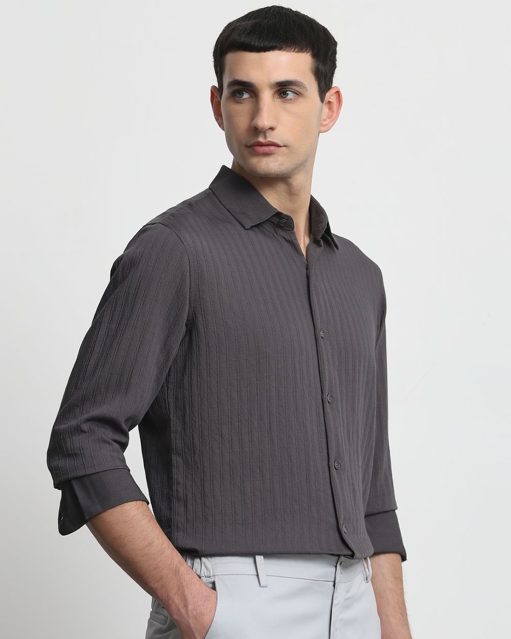 Grey Textured Plain Slim Fit Casual Shirt