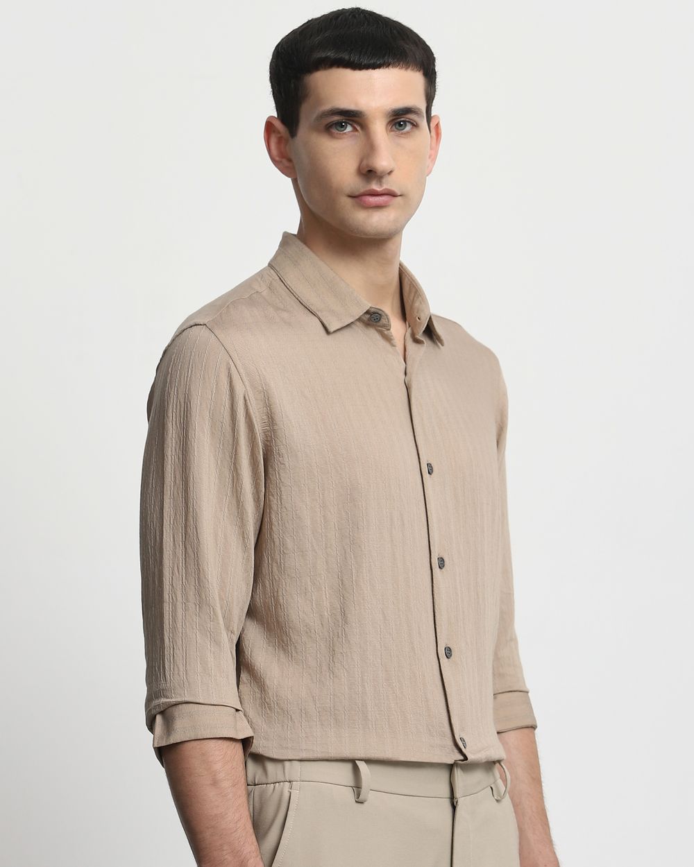 Beige Textured Plain Slim Fit Casual Shirt