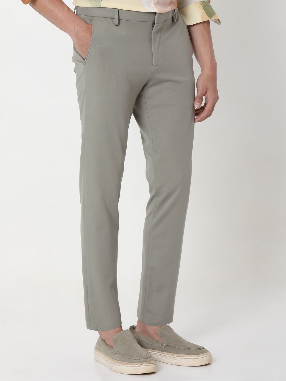 Light Olive Ankle Length Stretch Chinos Trouser