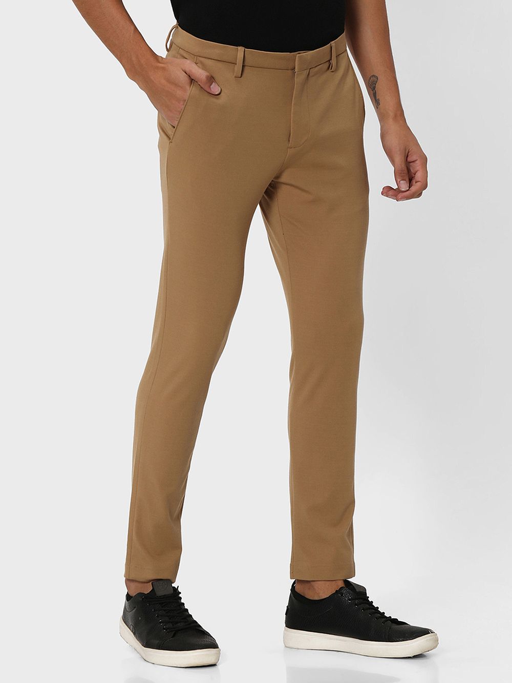 Khaki Ankle Length Stretch Chinos Trouser