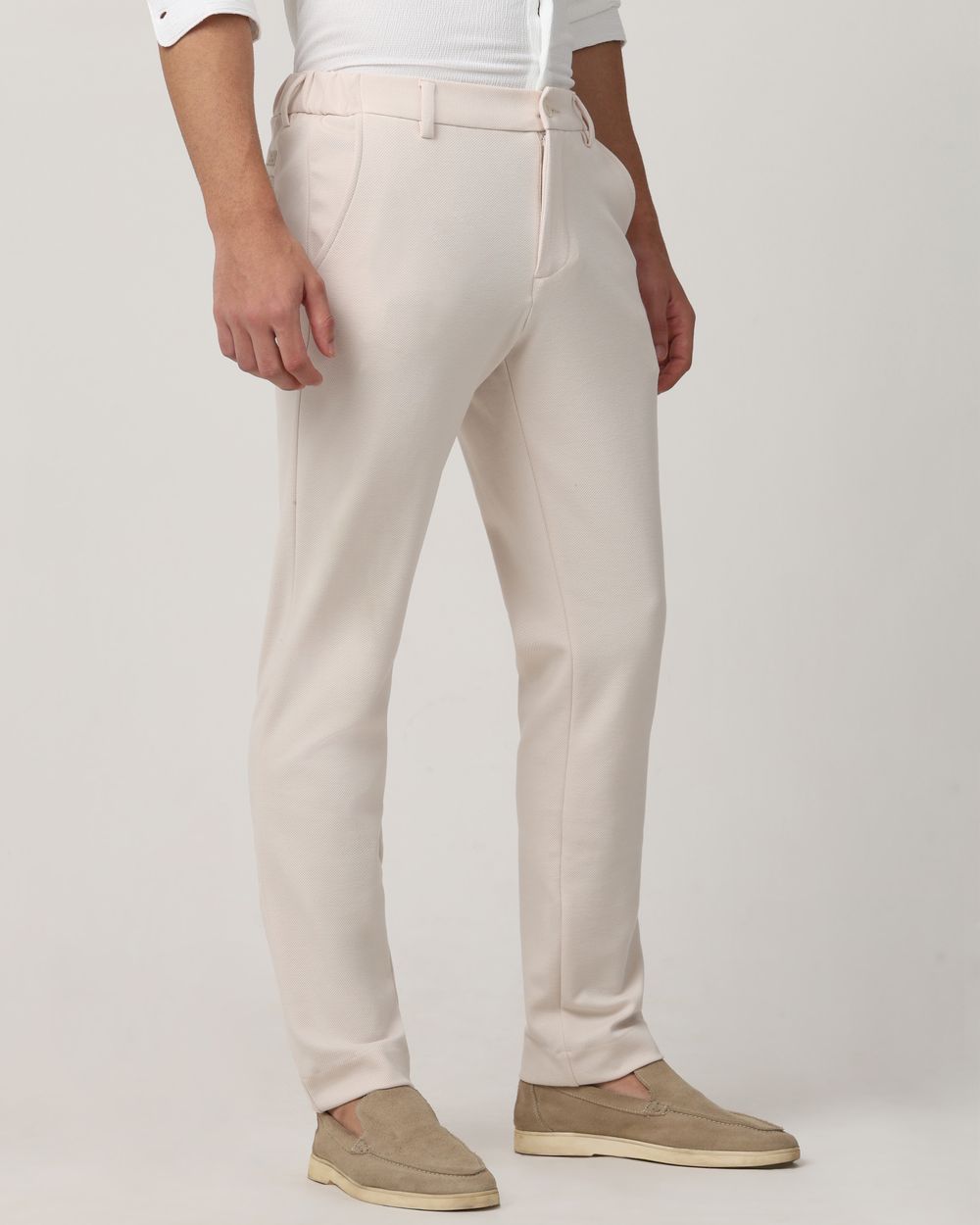 Beige Slim Fit Jersey Flat Front Pants Trousers