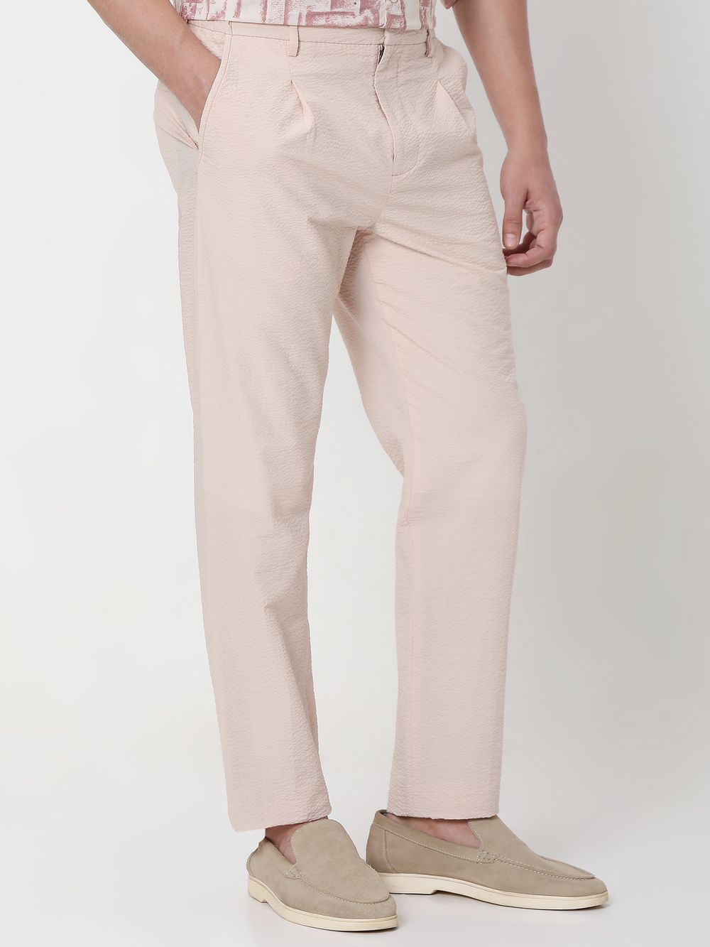 Peach Relaxed Tapered Fit Seersucker Single Pleat Trouser