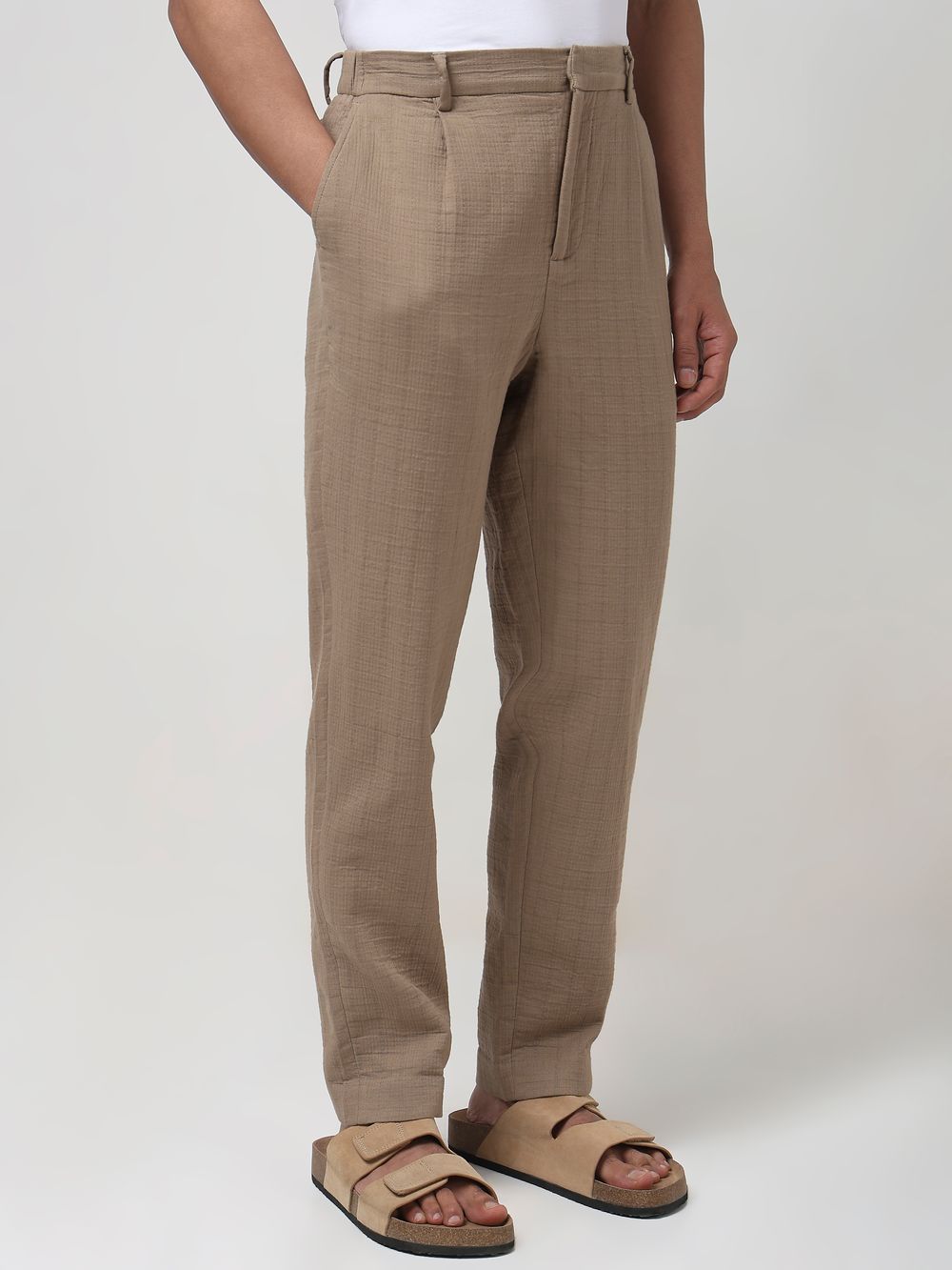 Khaki Relaxed Tapered Fit Seersucker Single Pleat Trouser