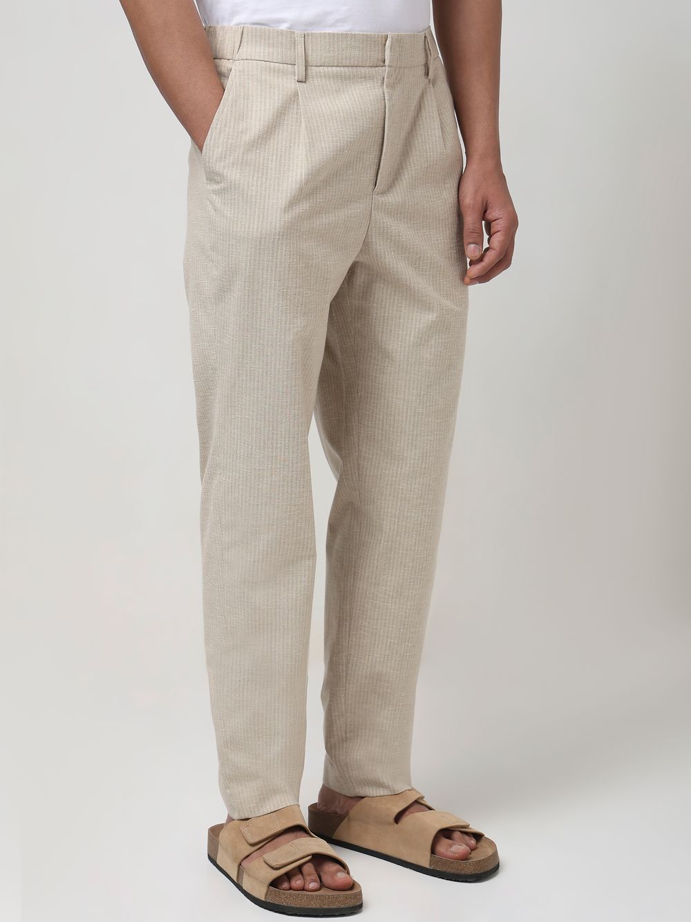 Beige Relaxed Tapered Fit Seersucker Single Pleat Trouser