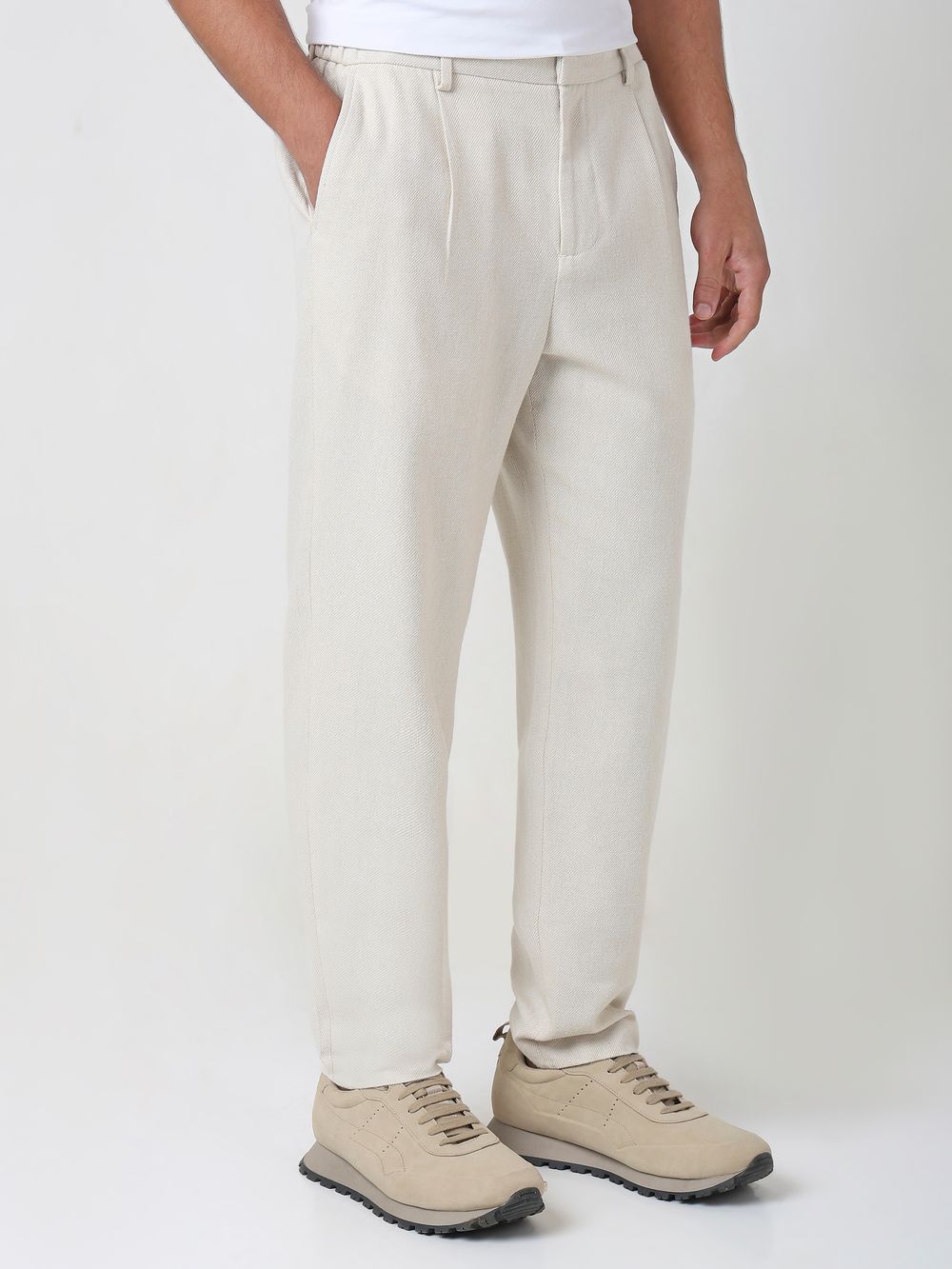 Beige Relaxed Tapered Fit Seersucker Single Pleat Trouser