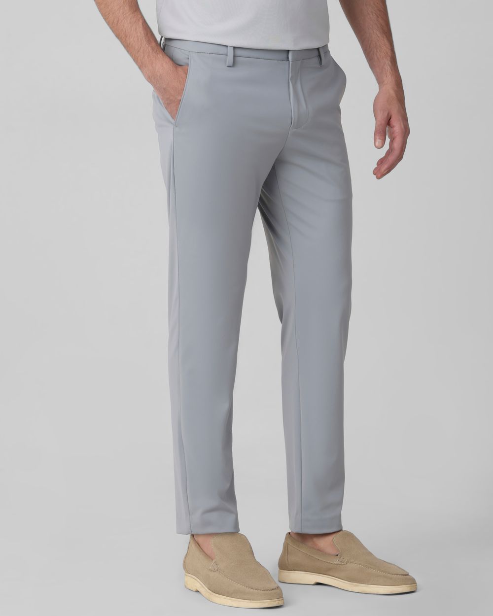 Grey Ankle Length Jersey Flat Front Pants Trouser