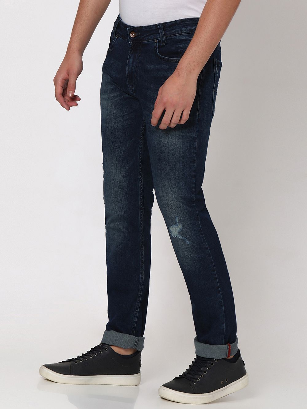 Dark Indigo Blue Super Slim Fit Distressed Stretch Jeans