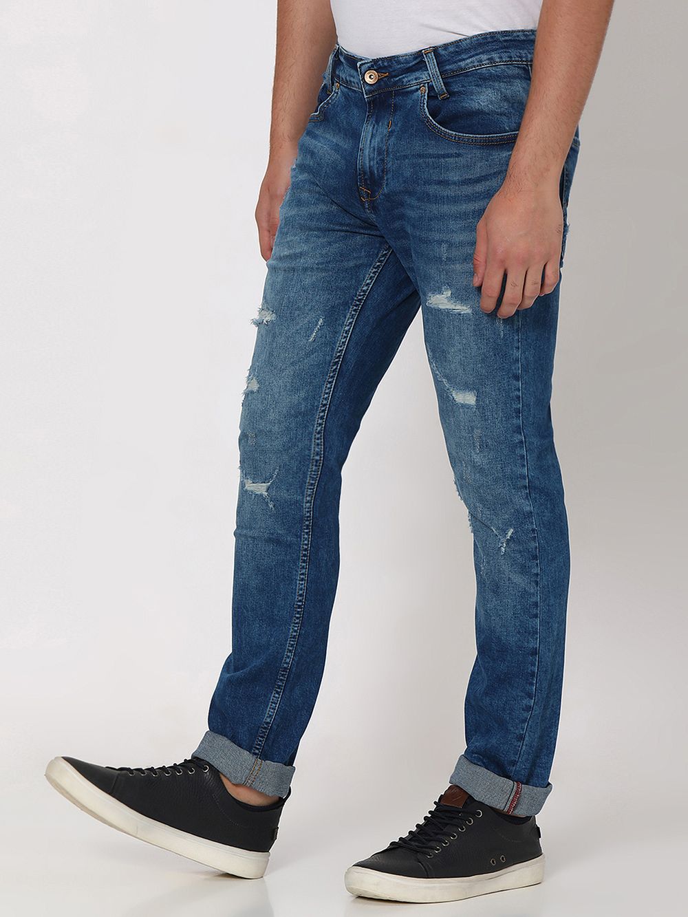 Dark Indigo Blue Super Slim Fit Distressed Stretch Jeans